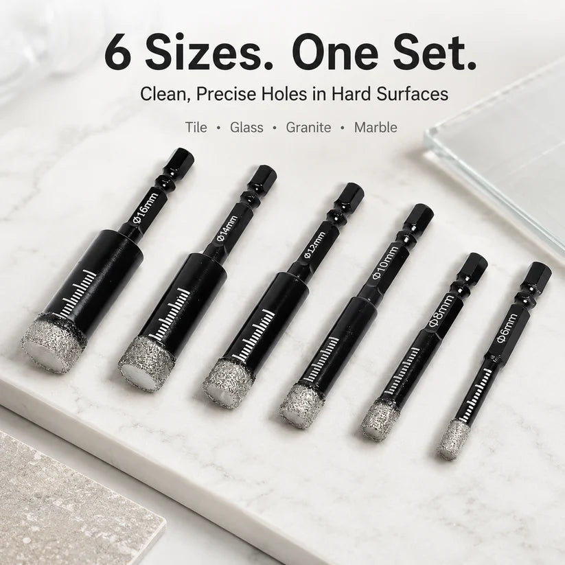 6 Pcs Diamond Drill Bits Set, 1/4 5/6 3/8 1/2 Inch Brazed Diamond Drill Bits for Precision Drilling in Tile Ceramic Glass Granite Marble Masonry