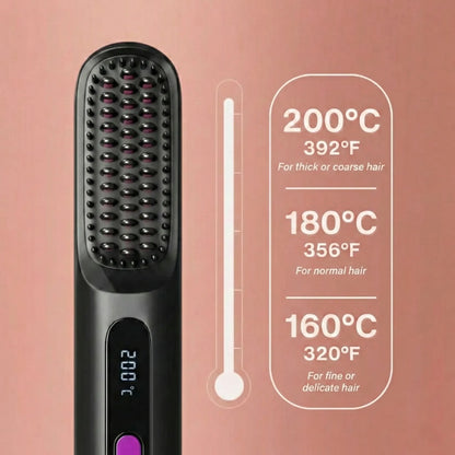 Black Compact Portable Heated Comb Straightener - USB Type-C Charge, 3 Heat Modes, Lightweight Wireless Adjustable Tool for Smooth, Frizz-Free Hair (Portable Hair Straightener for Travel)