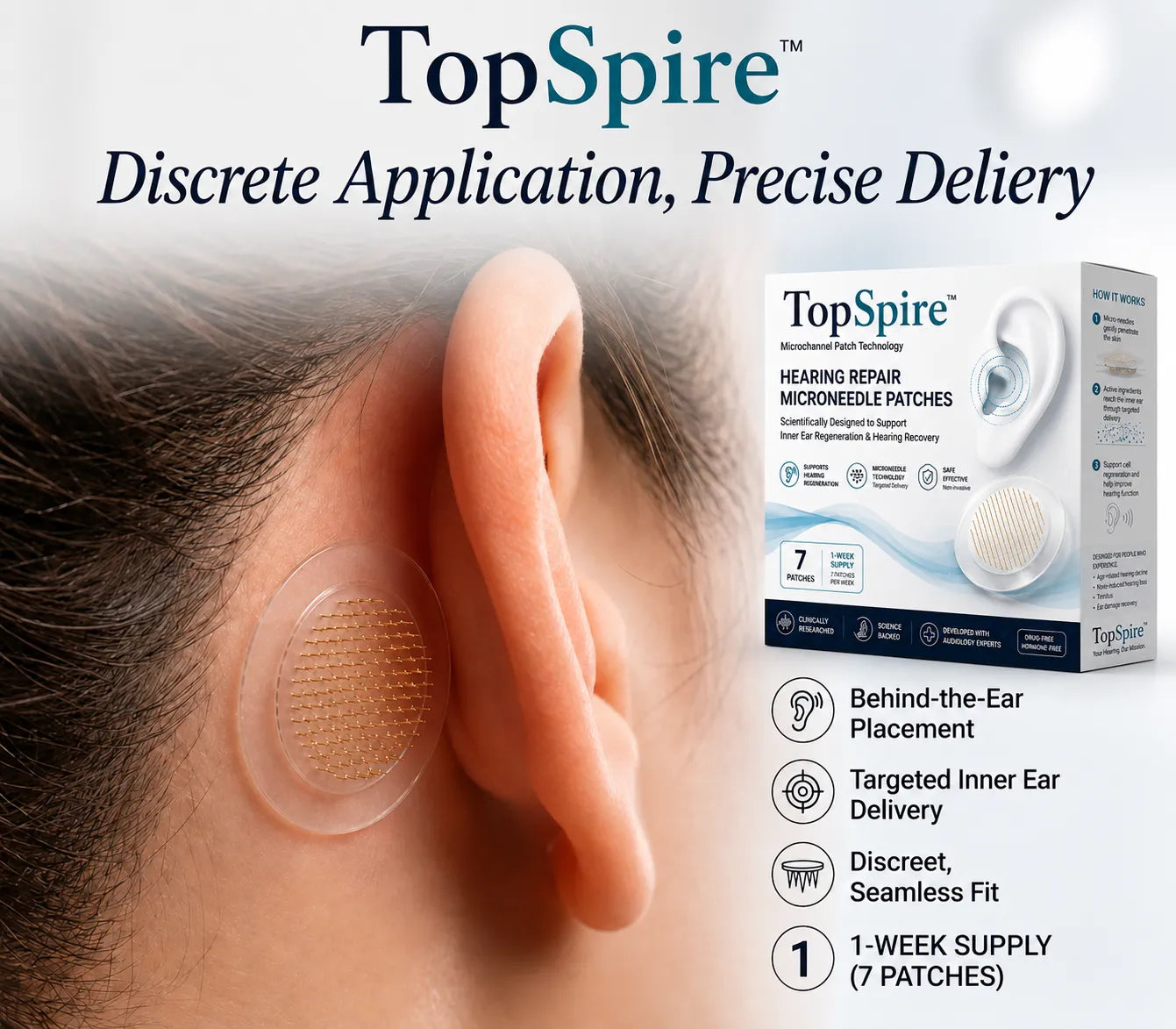 TopSpire™ HEARING REPAIR MICRONEEDLE PATCHES ✅ Targets Hearing Loss, Tinnitus, Ear Infections, Balance Disorders, and Age-Related Ear Degeneration.