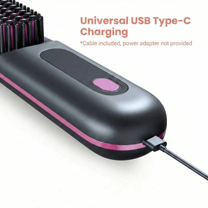 Black Compact Portable Heated Comb Straightener - USB Type-C Charge, 3 Heat Modes, Lightweight Wireless Adjustable Tool for Smooth, Frizz-Free Hair (Portable Hair Straightener for Travel)