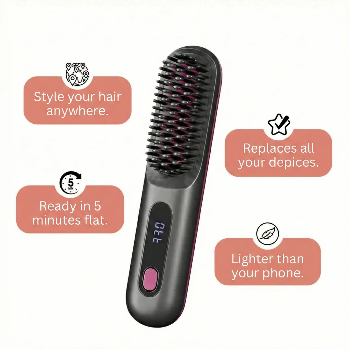 Black Compact Portable Heated Comb Straightener - USB Type-C Charge, 3 Heat Modes, Lightweight Wireless Adjustable Tool for Smooth, Frizz-Free Hair (Portable Hair Straightener for Travel)