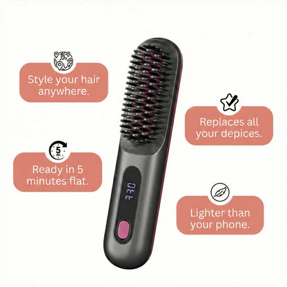 Black Compact Portable Heated Comb Straightener - USB Type-C Charge, 3 Heat Modes, Lightweight Wireless Adjustable Tool for Smooth, Frizz-Free Hair (Portable Hair Straightener for Travel)