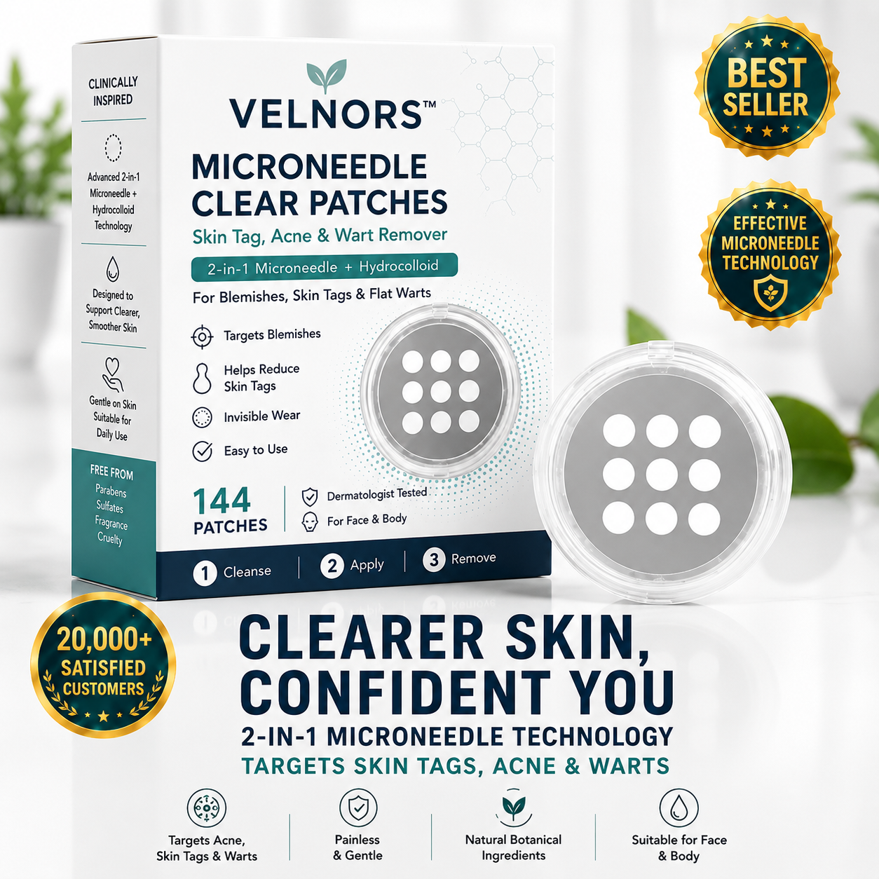 ✨2-in-1 Microneedle & Hydrocolloid Patch🍀| Removes Raised Moles, Acne, Flat Warts & Skin Tags | Helps Improve Wrinkles, Scars & Blemishes | Invisible Patches for Face & Body