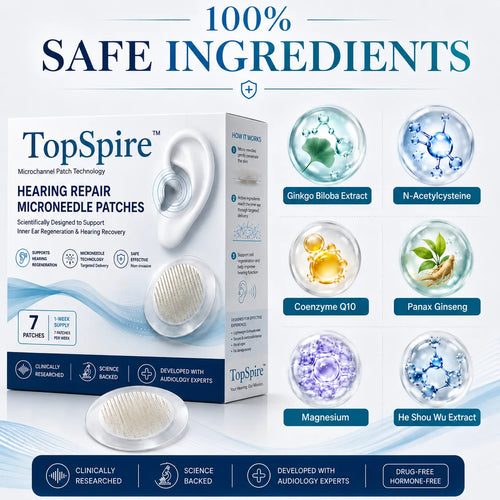 TopSpire™ HEARING REPAIR MICRONEEDLE PATCHES ✅ Targets Hearing Loss, Tinnitus, Ear Infections, Balance Disorders, and Age-Related Ear Degeneration.