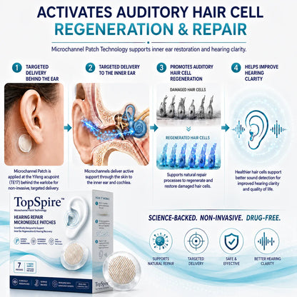 TopSpire™ HEARING REPAIR MICRONEEDLE PATCHES ✅ Targets Hearing Loss, Tinnitus, Ear Infections, Balance Disorders, and Age-Related Ear Degeneration.